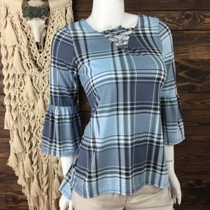 French Laundry | Plaid Lace Up Bell Sleeve Blouse
